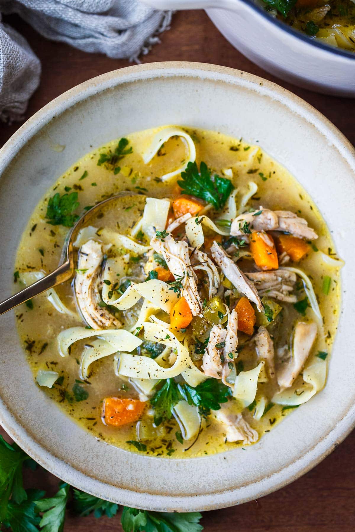 Chicken Noodle soup in a bowl with a spoon. 