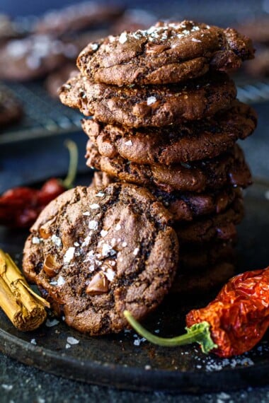 This Double Chocolate Chip Cookie recipe (aka Diablo Cookies) is easy to make and full of lovely heat from cayenne, warming ginger and a hint of cinnamon. Fudgy on the inside, crispy, crackly on the outside, they are a delicious combination of texture and flavor!