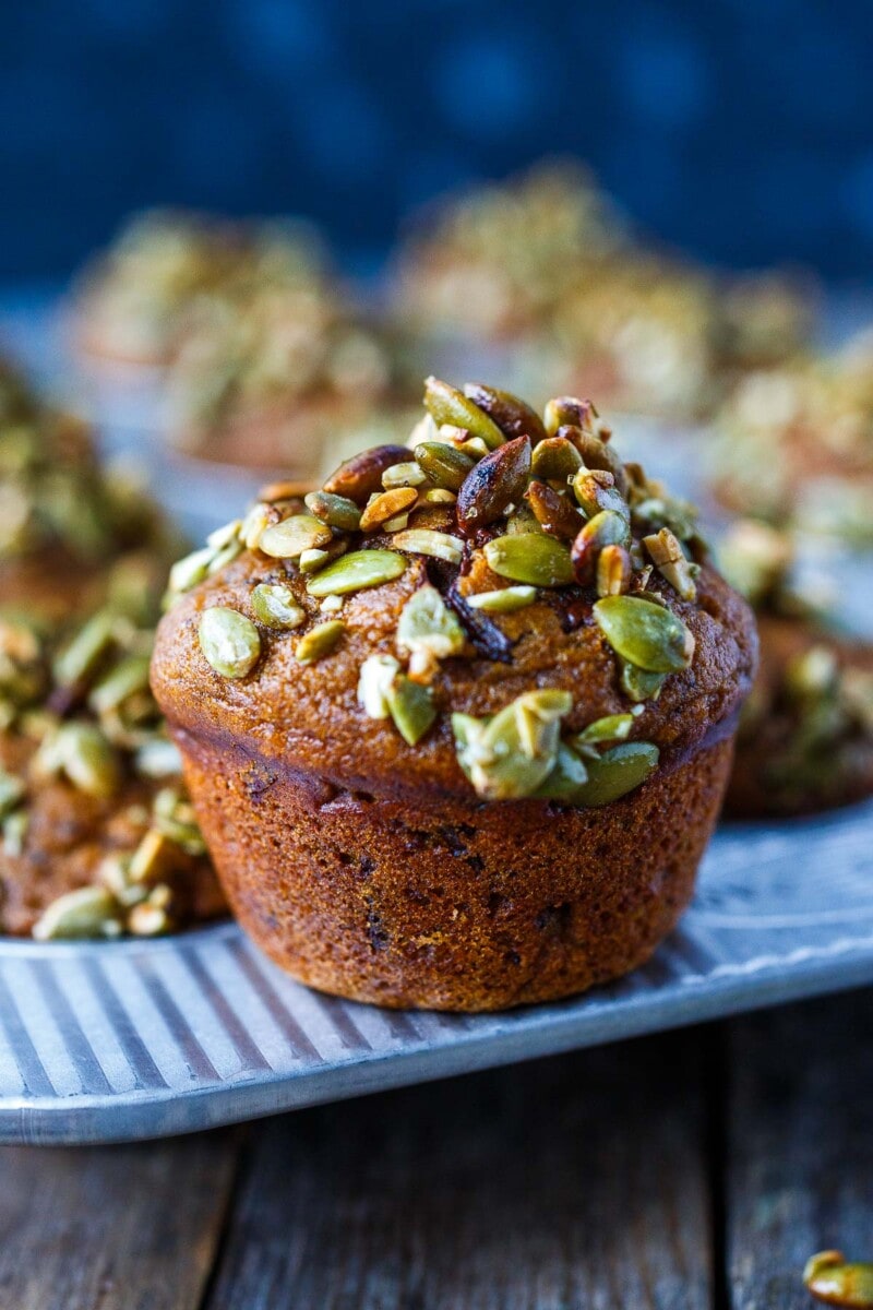 These irresistible Pumpkin Muffins with chocolate chips are tender and moist with the perfect amount of spice- perfect for fall!