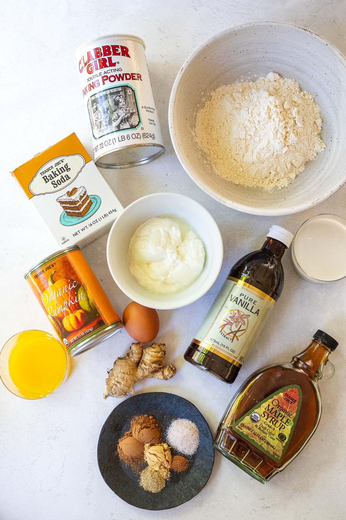 ingredients for pumpkin pancakes laid out on table