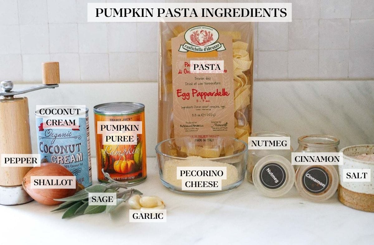 ingredients displayed on countertop for making pumpkin pasta, pumpkin puree, pasta, coconut cream, shallot, sage, garlic