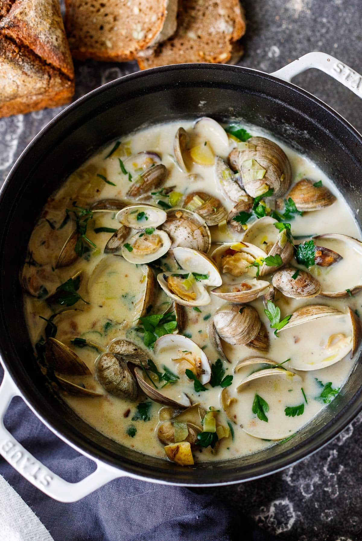 soup pot of clam chowder with shells and herbs