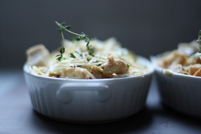 Savory Leek Bread Pudding with Gruyere and Thyme | www.feastingathome.com