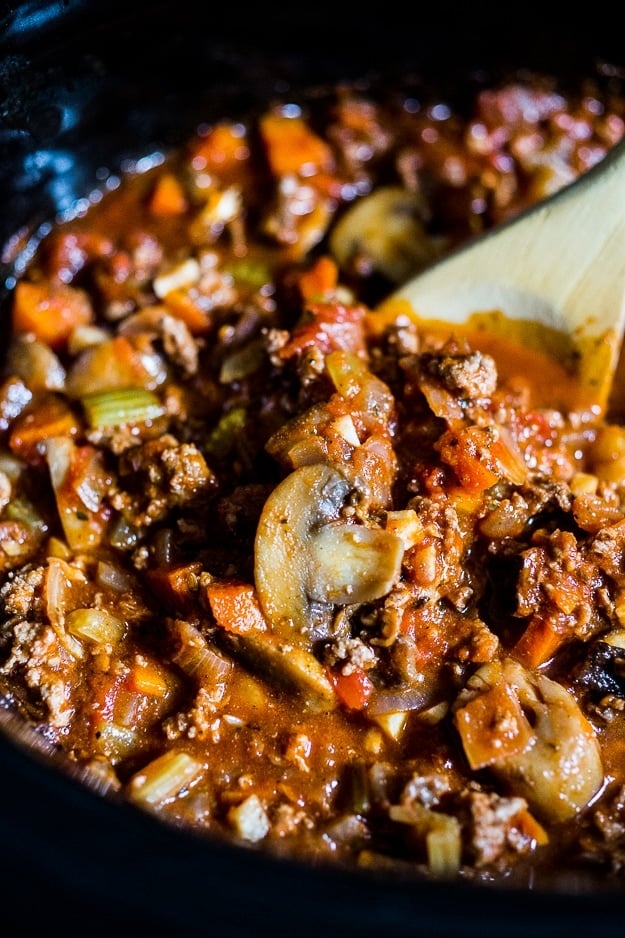 This Bolognese Sauce (aka Sunday Sauce) is hearty, robust and full of depth and flavor! Make it in a slow cooker, on the stovetop or in an Instant pot. We lighten it up with ground turkey (optional) and add mushrooms for extra umami. 