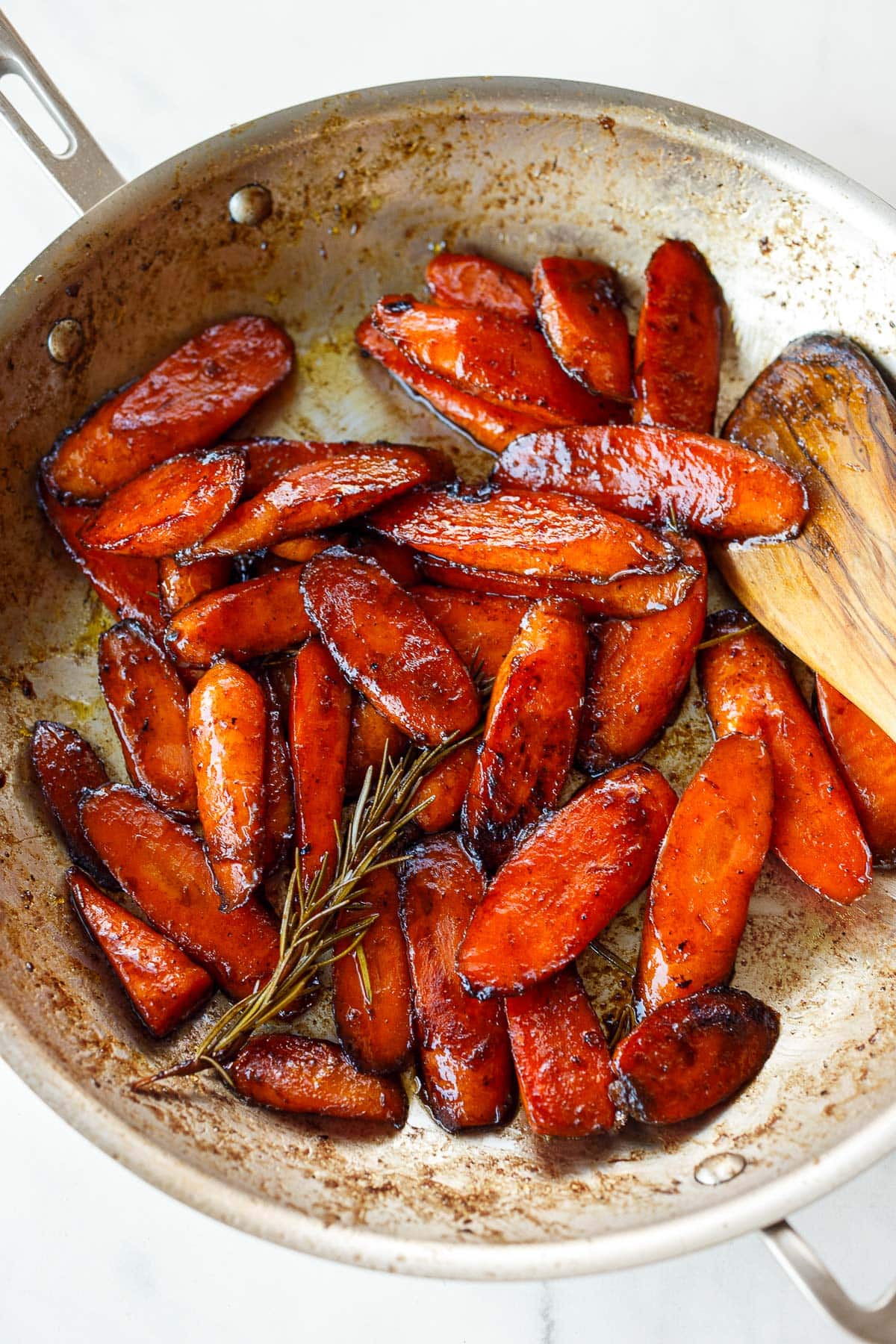 Glazed carrots in a pan.