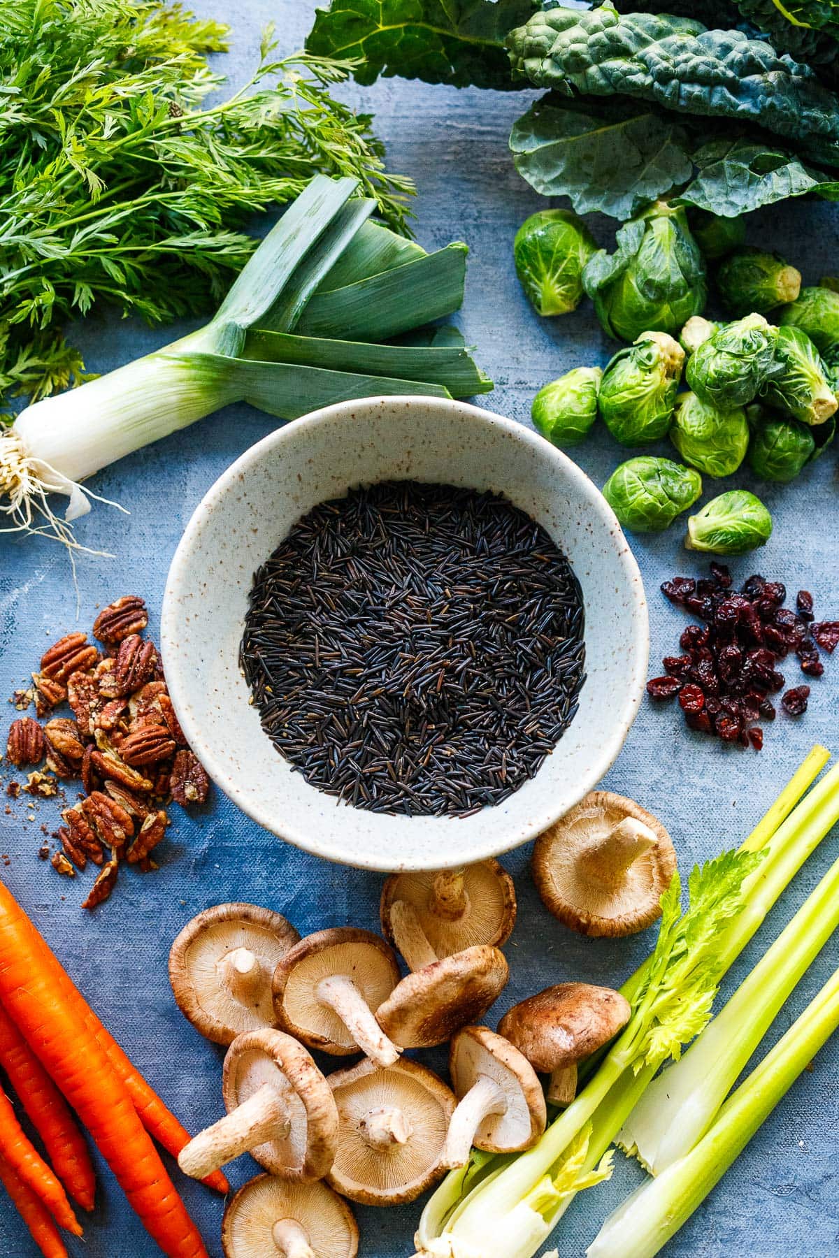 Wild Rice Pilaf Ingredients- wild rice, leeks, mushrooms, Brussels Sprouts, celery, carrots, pecans and dried cranberries.