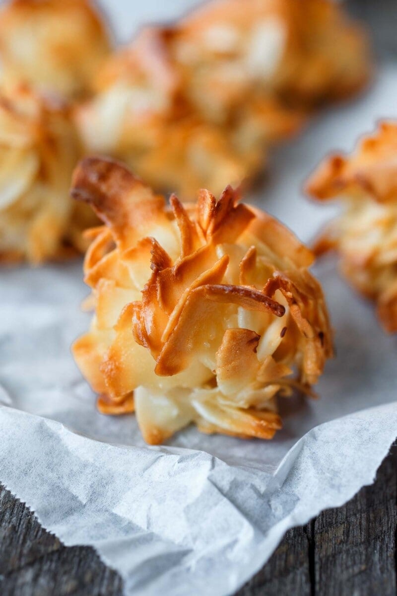 Tender, delicious Coconut Macaroons made with wide coconut chips are the perfect combo of crunchy and chewy. Gluten-free.