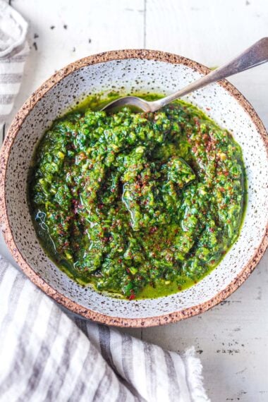 This authentic Zhoug recipe is full of spicy, punchy flavor! A popular Middle Eastern condiment, zhoug sauce is made with fresh cilantro, jalapenos, garlic, cardamom and cumin. Includes a video.