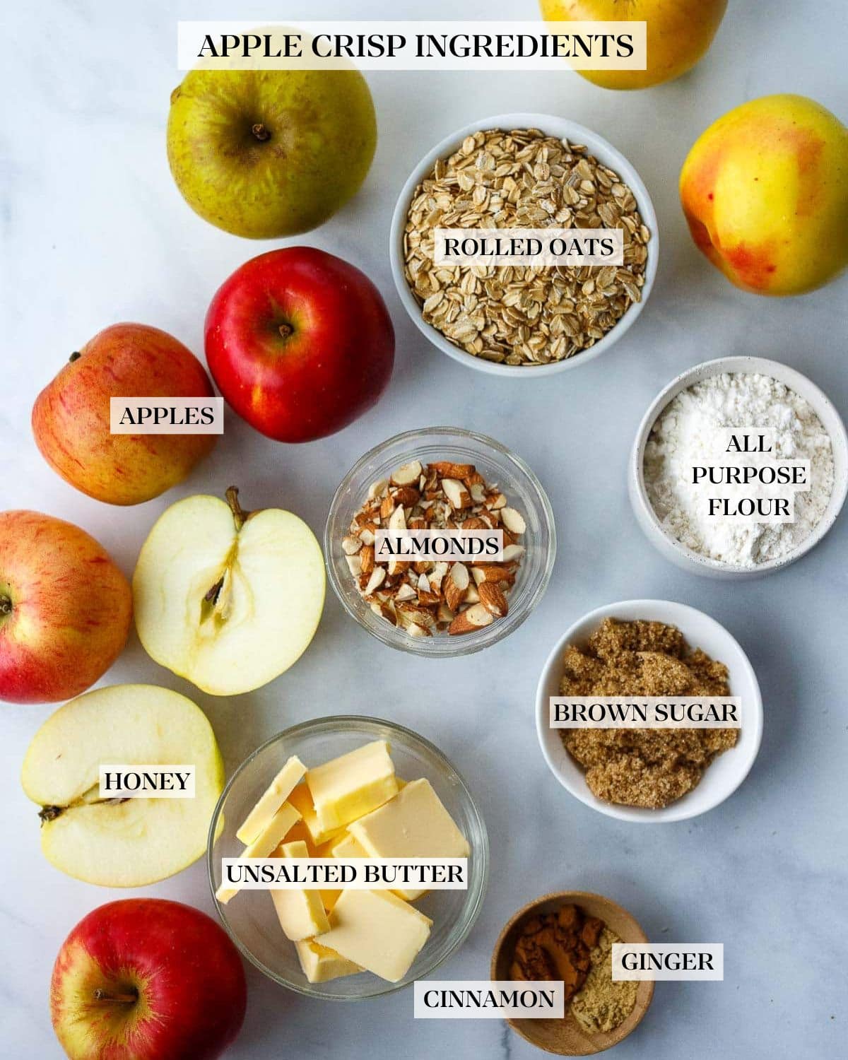 apple crisp ingredients - apples, oats, almonds, flour, sugar, butter, spices