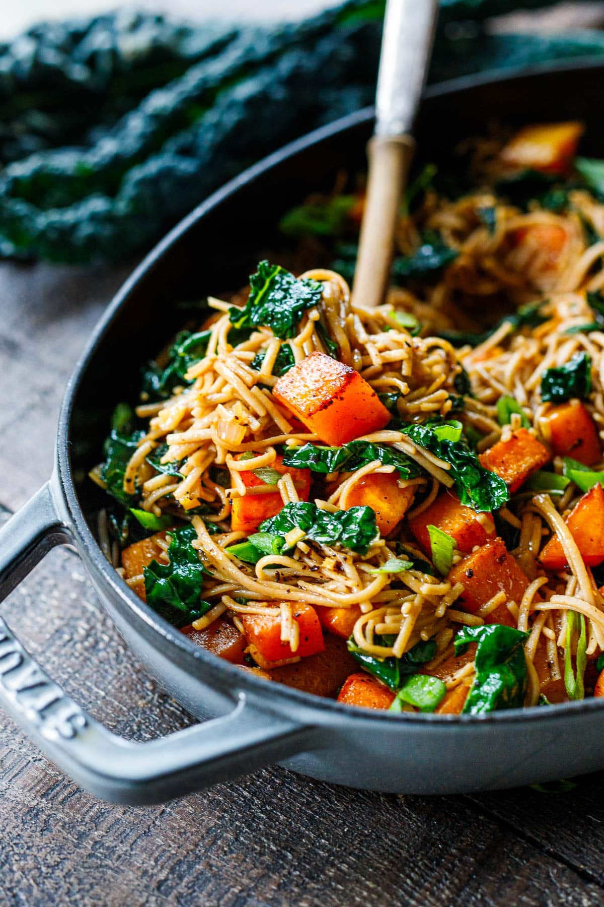 butternut squash soba noodles tossed with wilted kale and scallions in stir fry sauce.