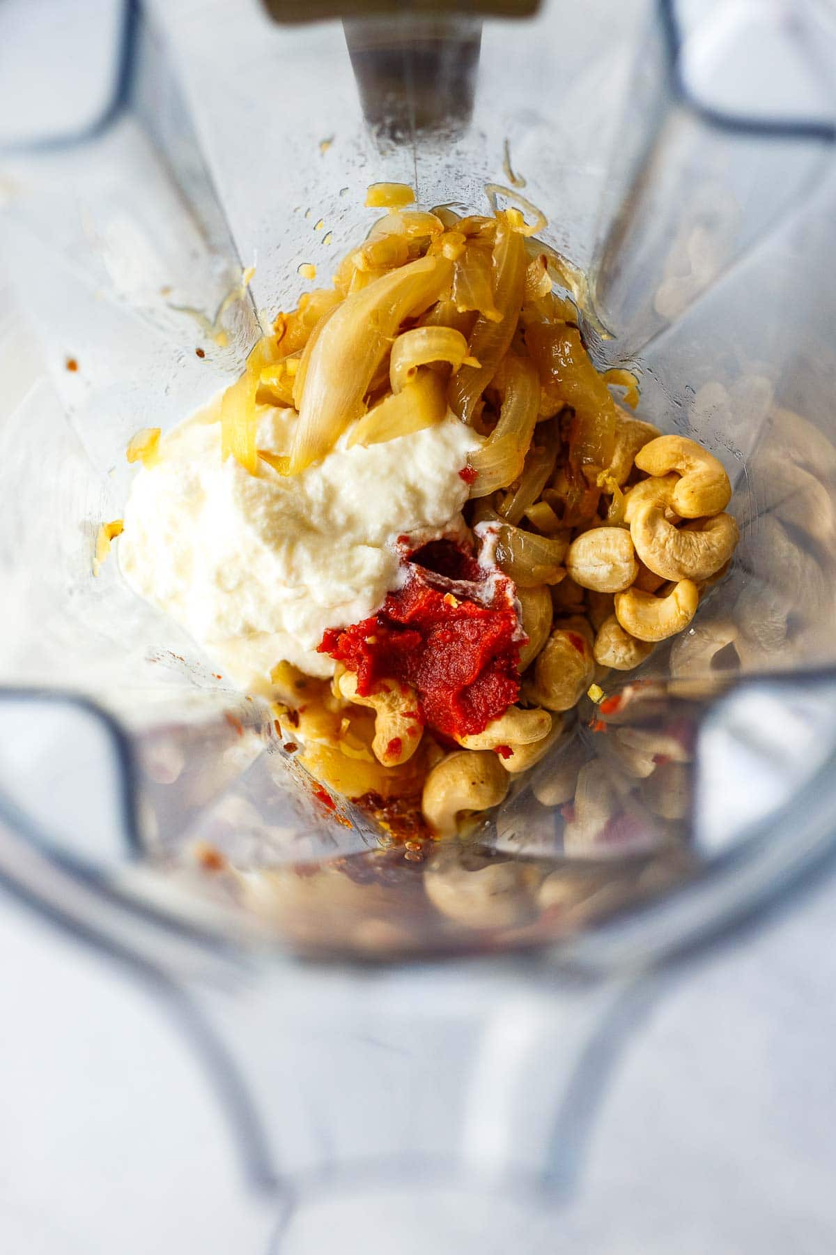 onions, yogurt, cashews, tomato paste in blender