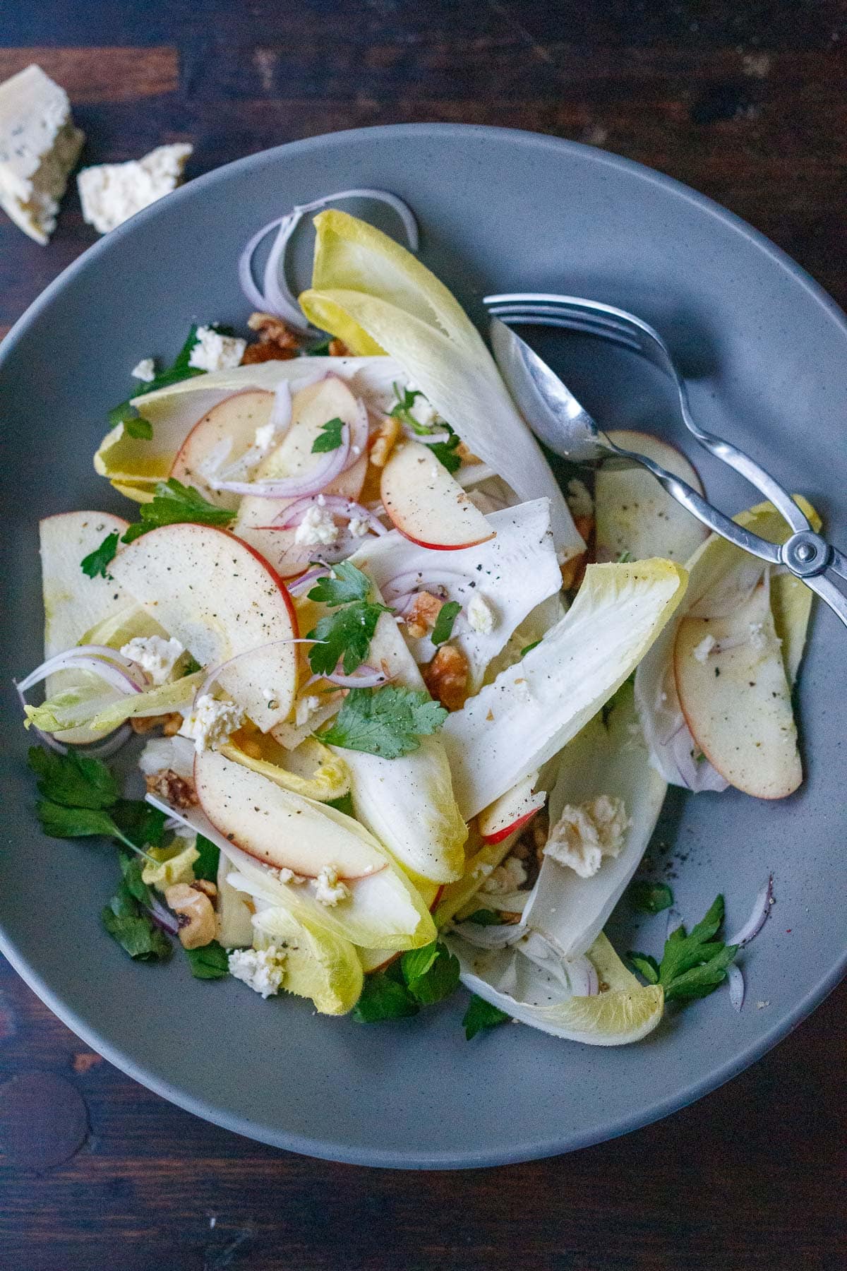 endive salad ingredients in bowl with salad tongs - endive, apple, red onion, parsley, blue cheese, walnuts