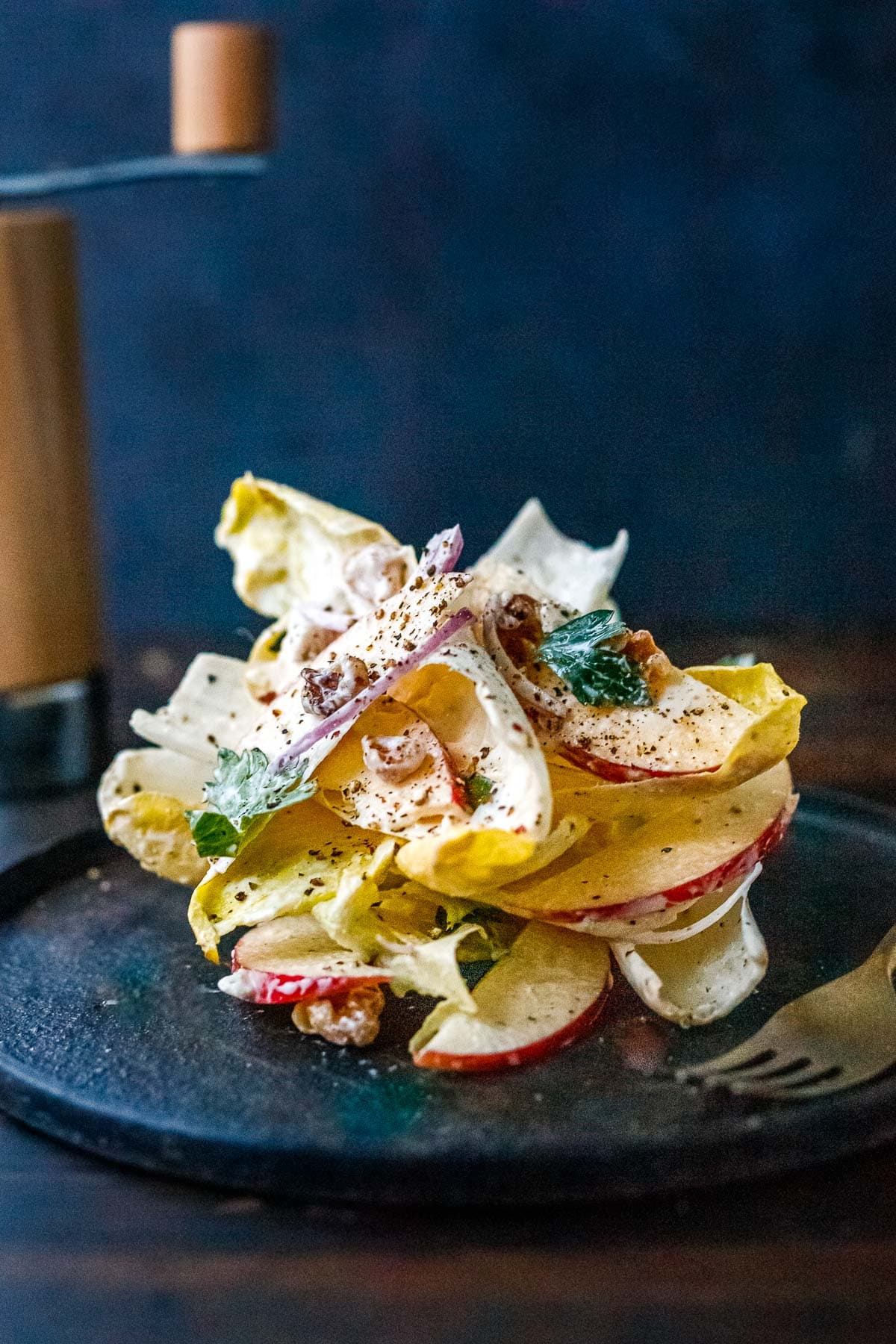 endive salad on plate with creamy blue cheese dressing, apples, red onion, walnuts, parsley