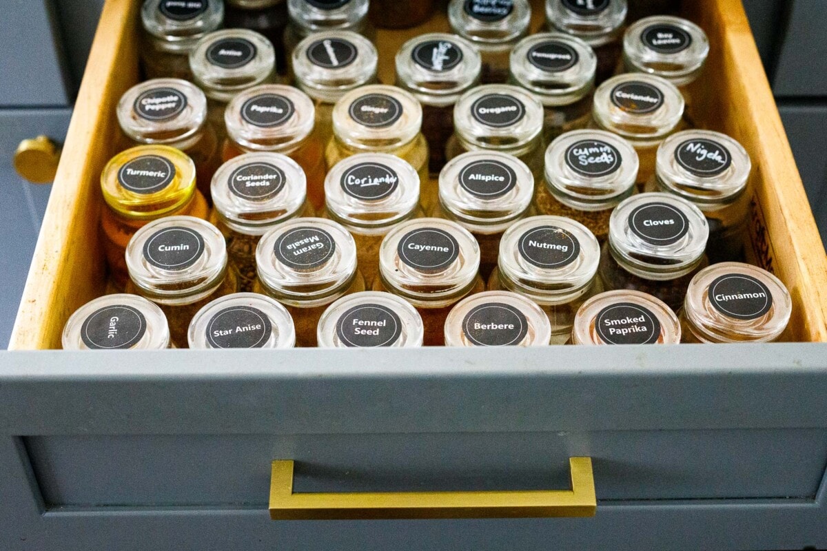 a drawer full of spices