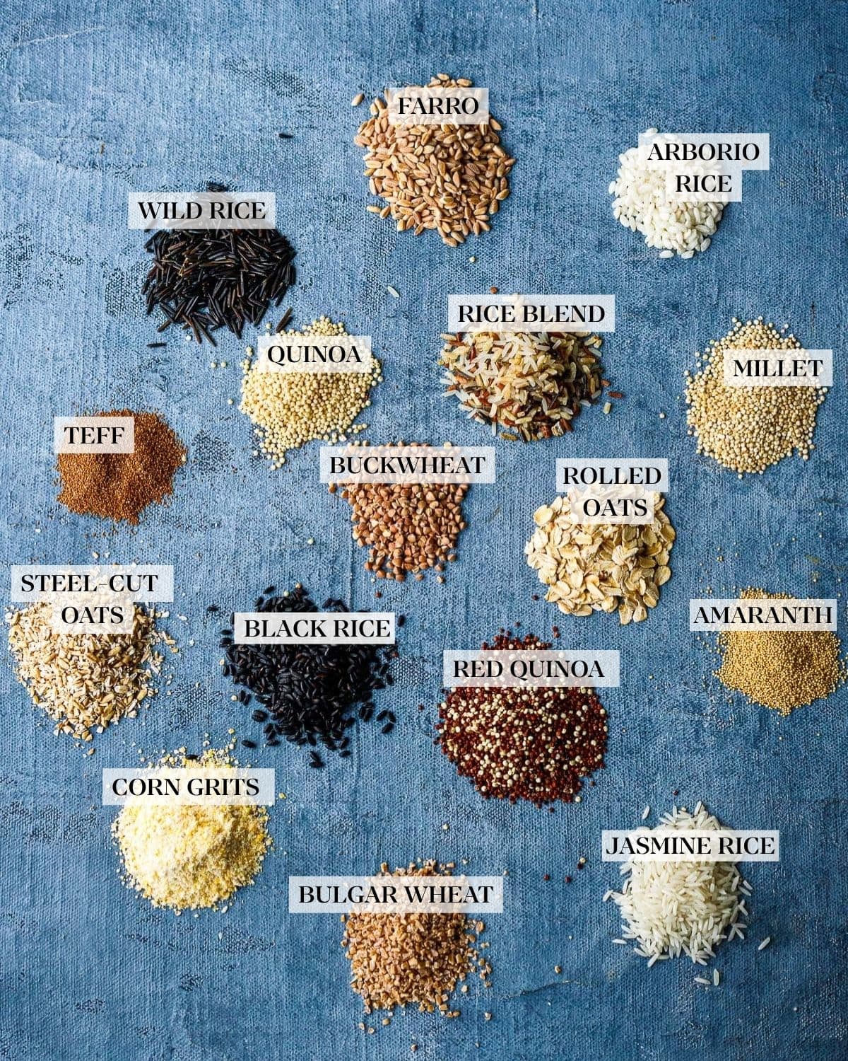 a variety of whole grains on a blue surface
