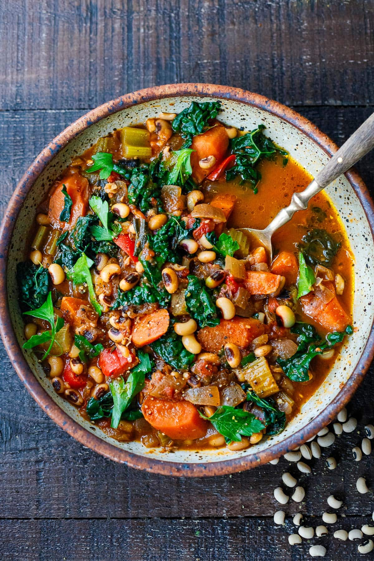 Vegan Black Eyed Pea Soup recipe in a bowl. 