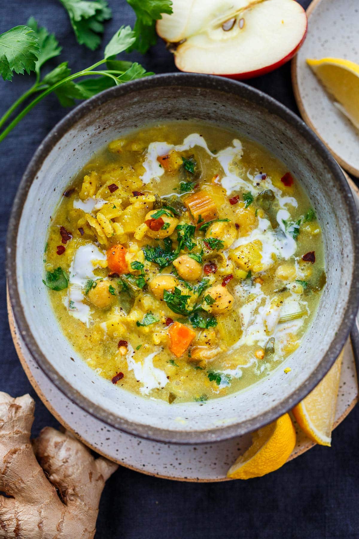 bowl of creamy vegan chickpea soup 