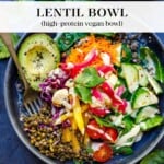 These grain-free Lentil Bowls are so nourishing and delicious! Made with seasoned lentils, fresh seasonal veggies, dark leafy greens, fresh herbs or microgreens, nuts or seeds, avocado, and our favorite tahini sauce!  Vegan, gluten-free and grain-free!