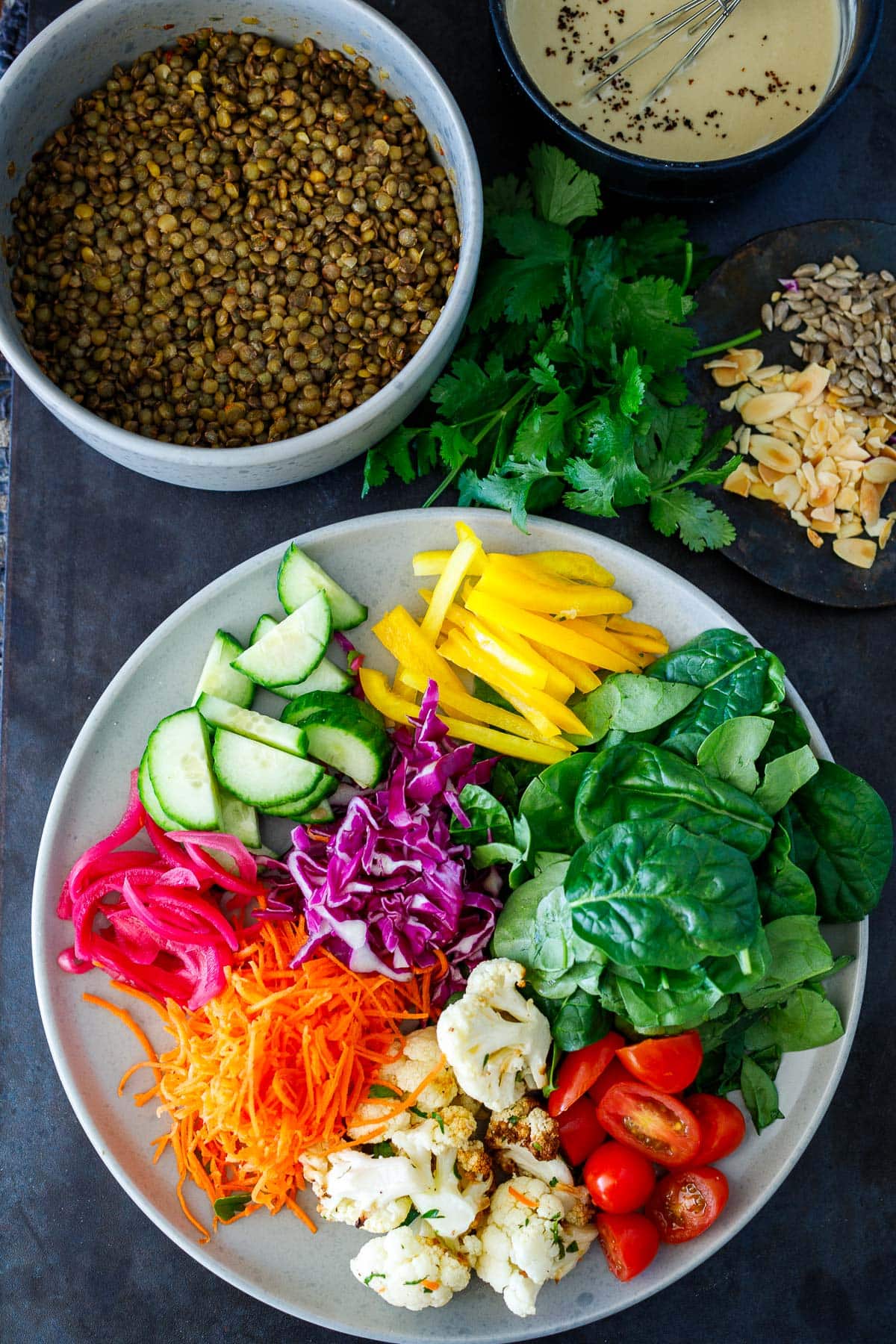 Ingredients in lentil bowls. 