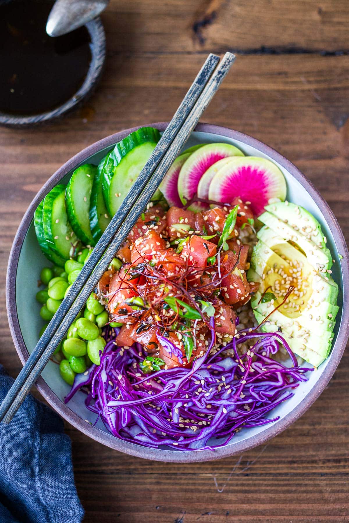 poke bowl with ahi tuna. 