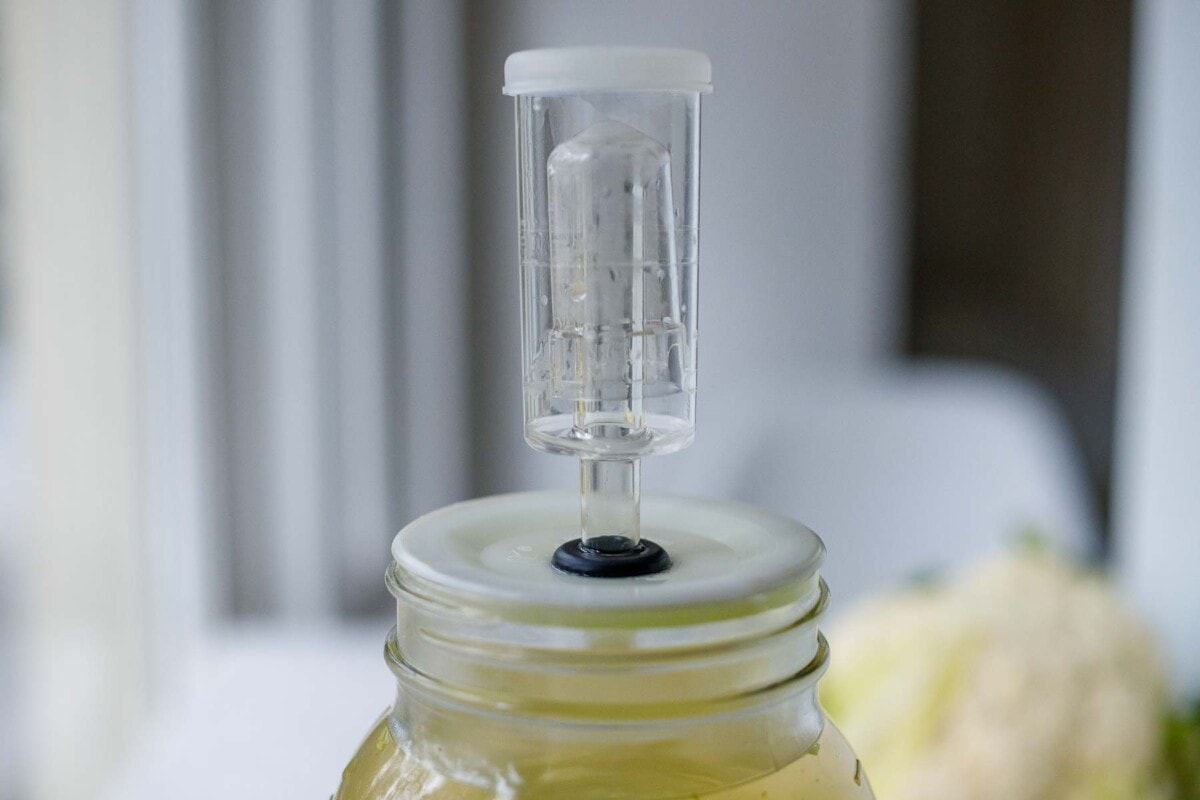 glass jar of fermented liquid with an airlock system.