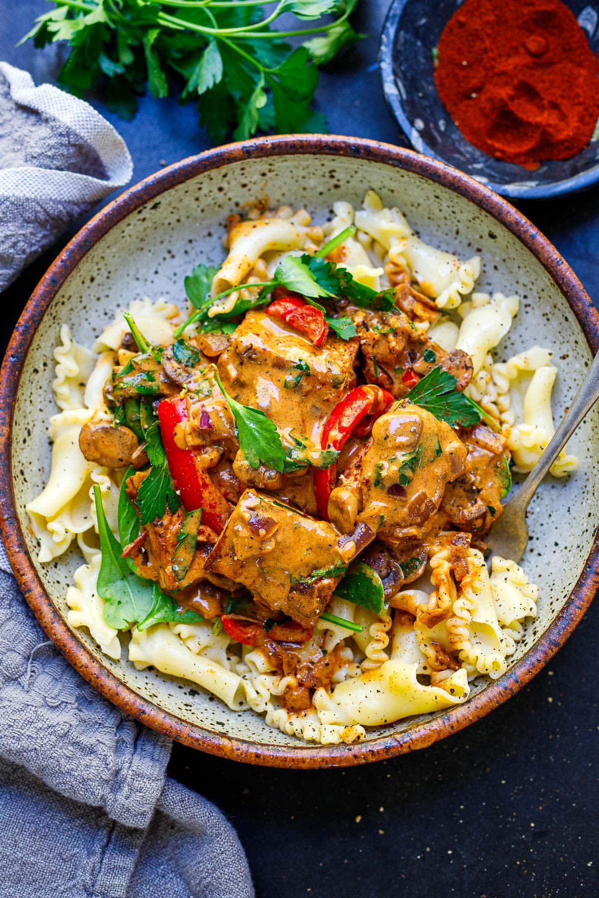 ceramic plate with pasta and paprikash made with tofu served over top.