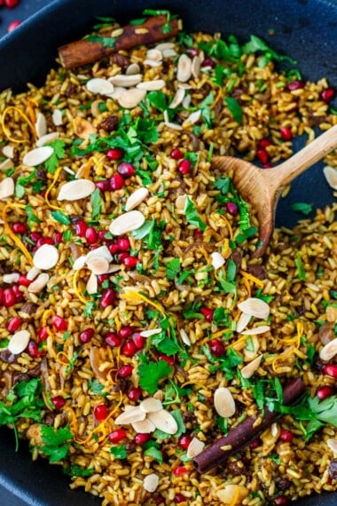 This Moroccan Rice recipe is a delicious, wholesome side dish for any occasion! Made with savory Moroccan spices, almonds, dried fruit, and orange zest.
