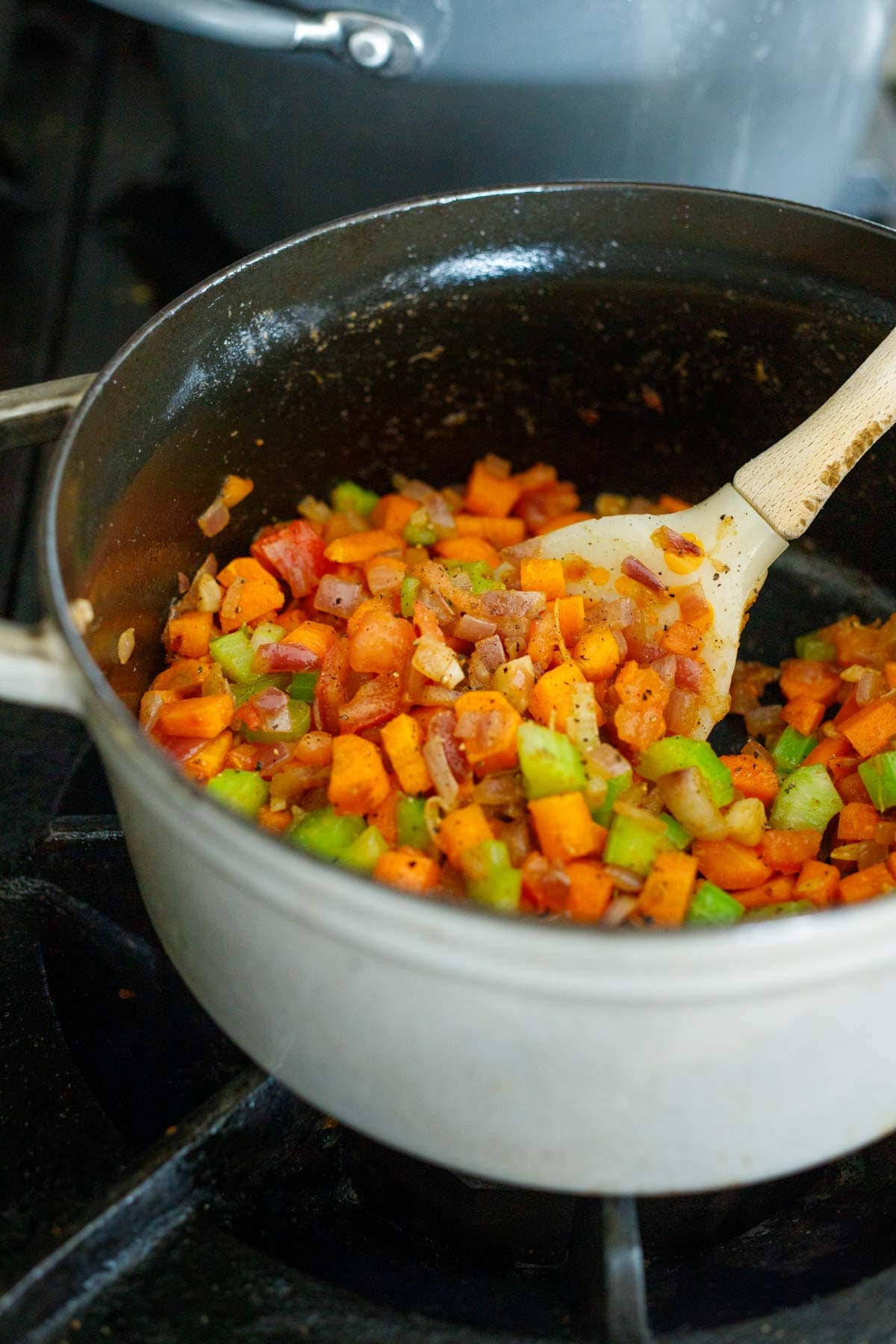 diced carrots, celery, onion in dutch oven with diced tomatoes and spices added.