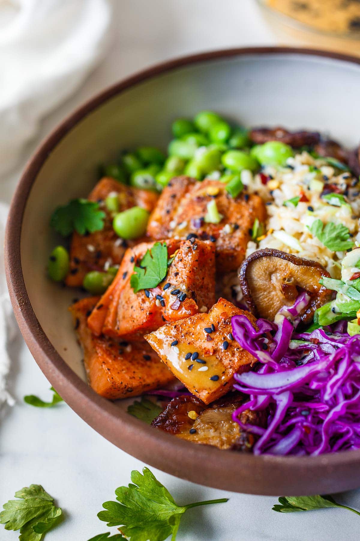 Air-fryer salmon bowls with rice and veggies. 