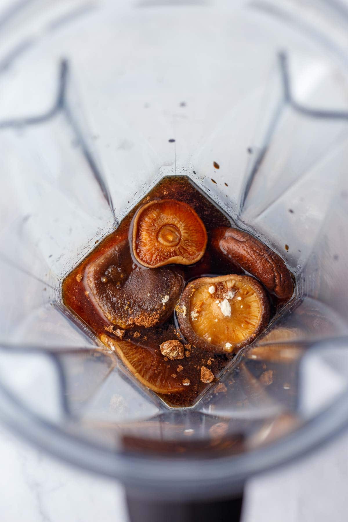 soaked shiitake mushrooms in blender with cornstarch, brown sugar, and spices.