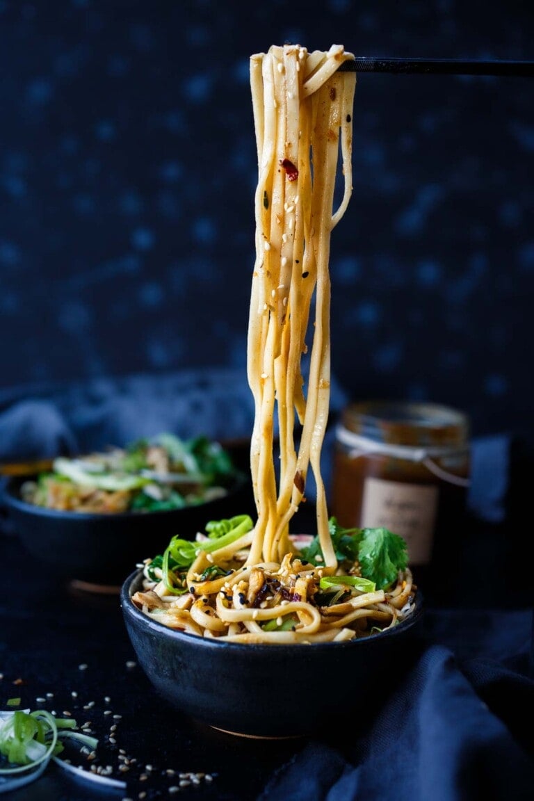 Celebrate Chinese New Year with Longevity Noodles, to bring long life, luck and prosperity. Seasoned with vegan oyster sauce and tossed with shiitake mushrooms, bok choy and scallions. Vegan & Gluten-free adaptable.