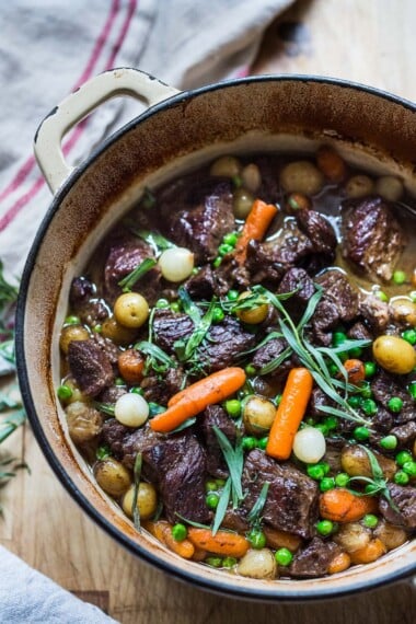 Irish Stew made with lamb in a Dutch oven.