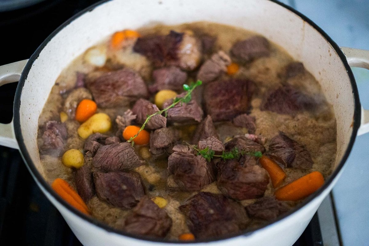 Simmering stew in a dutch oven.