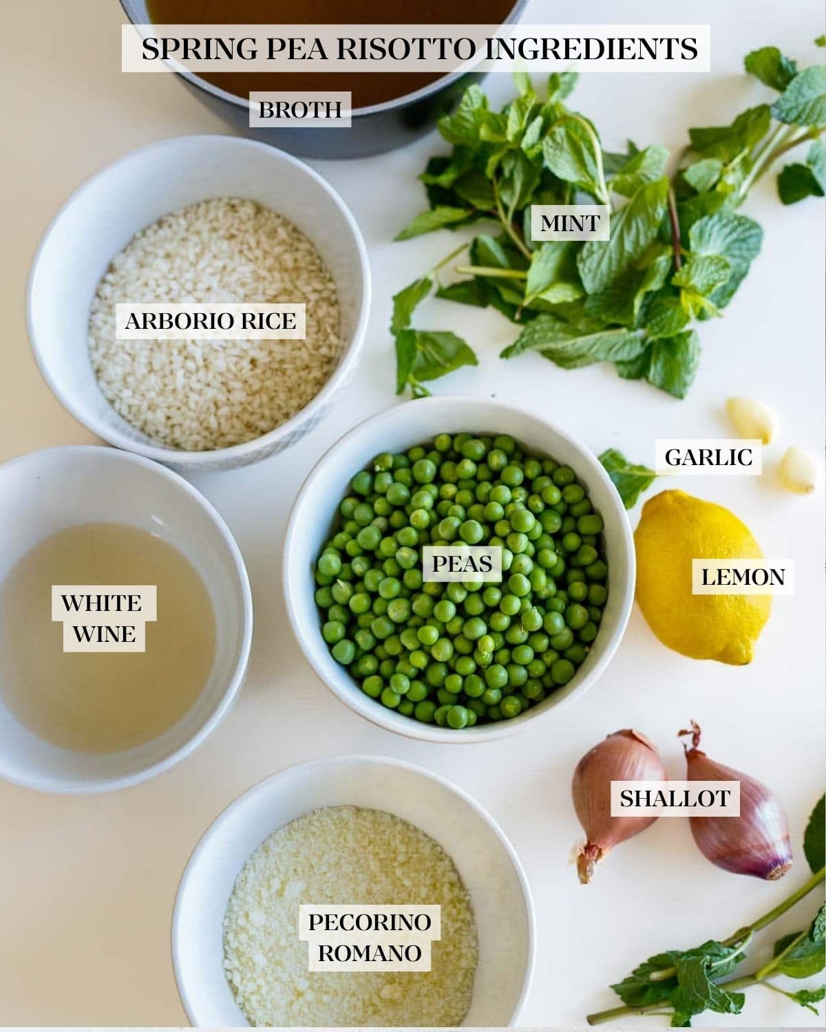 spring pea risotto ingredients- broth, mint, rice, peas, lemon, garlic, shallot, oil, pecorino. 