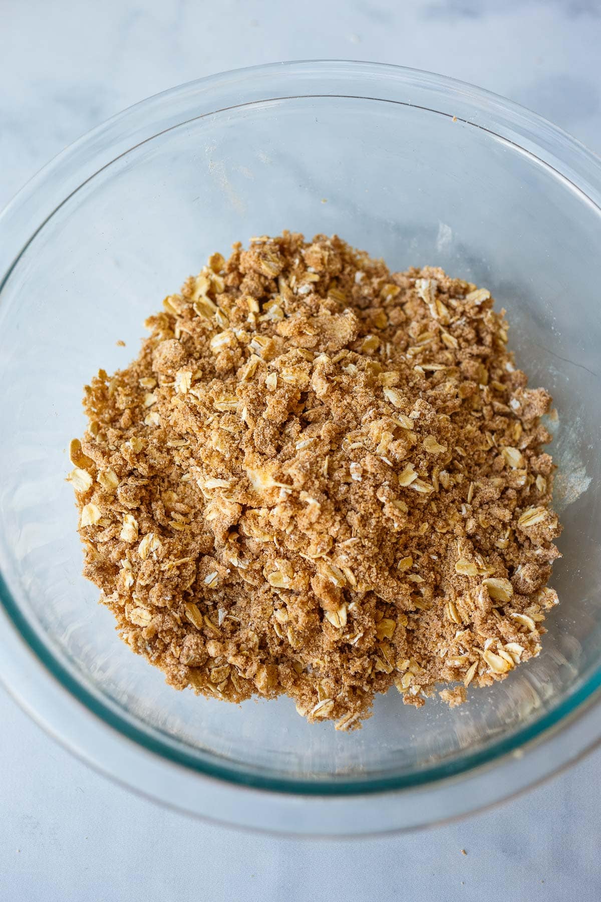 streusel topping in glass mixing bowl.