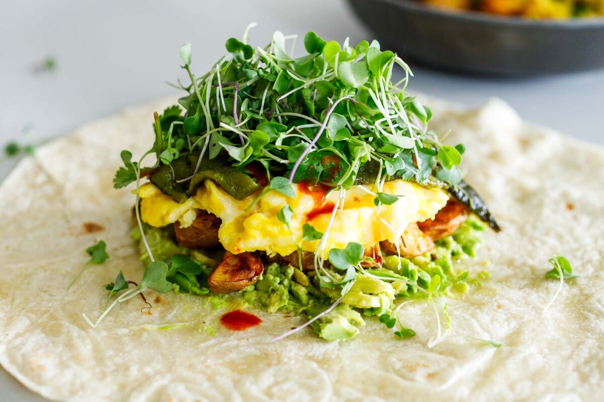 tortilla with avocado, potatoes, scrambled eggs, roasted poblano, and microgreens stacked in center.