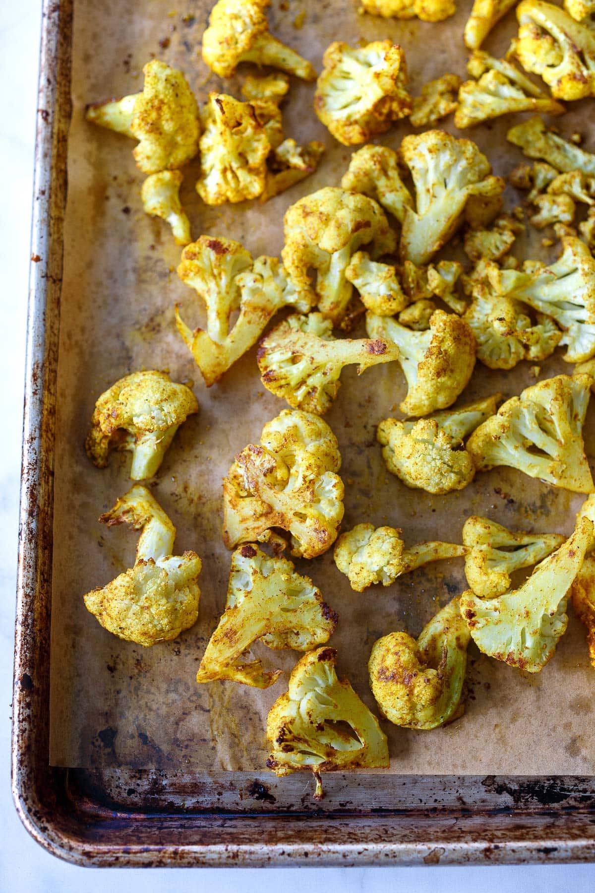 roasted cauliflower shawarma on baking sheet. 