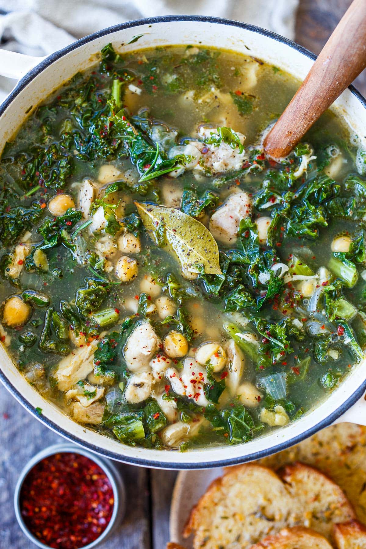 chicken and kale soup chili flakes and bay leaf.