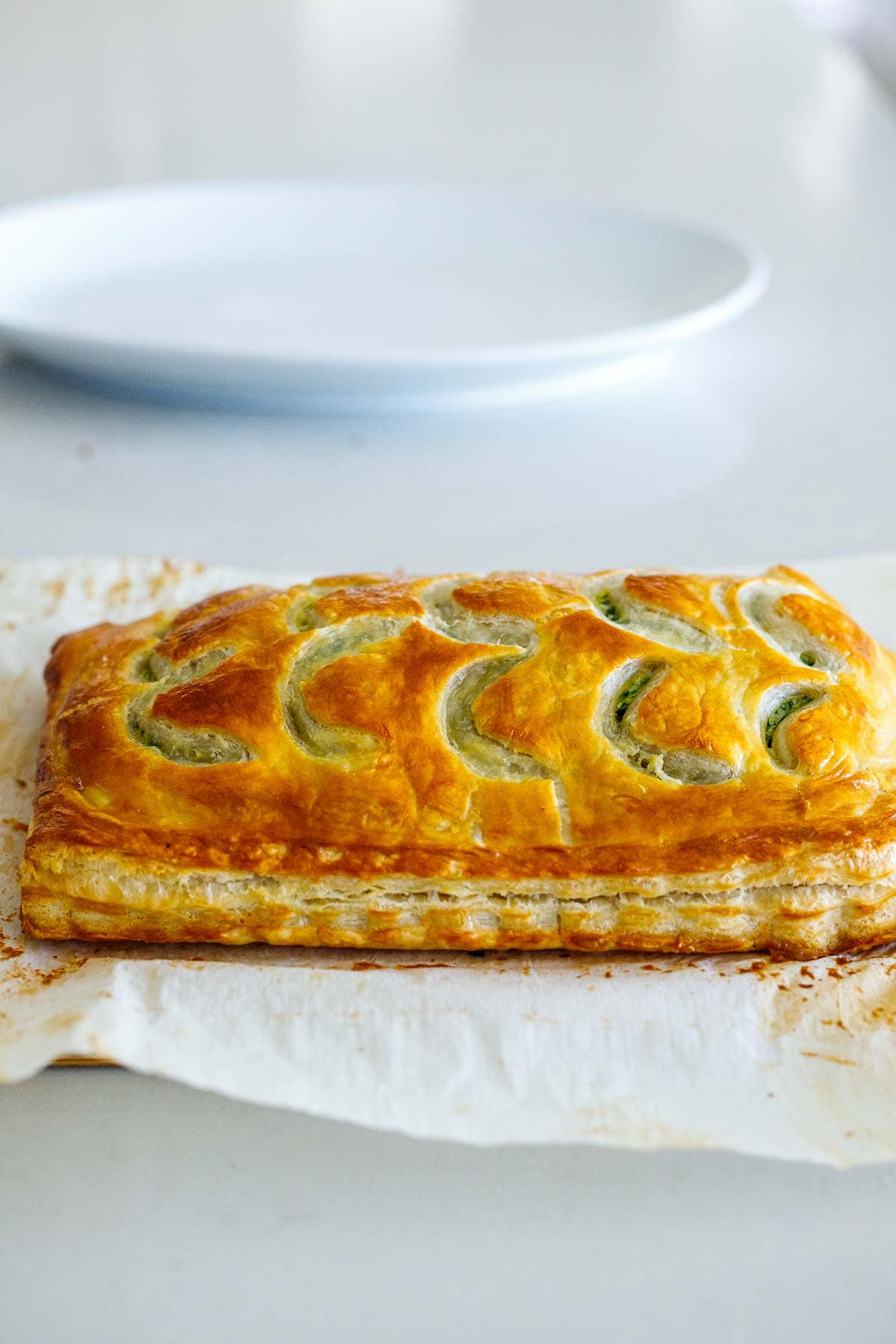 baked salmon wellington cooling on parchment paper.