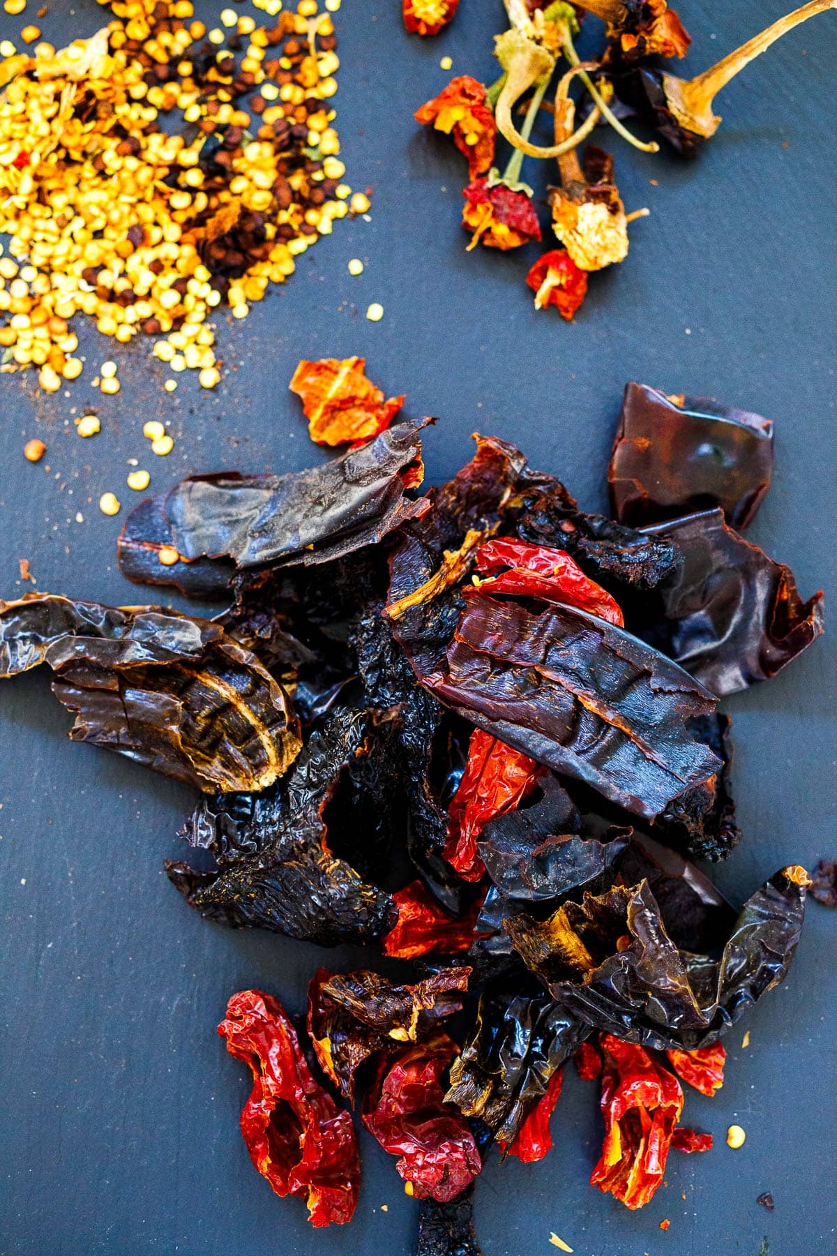 dried chiles with seeds removed and stems cut off.