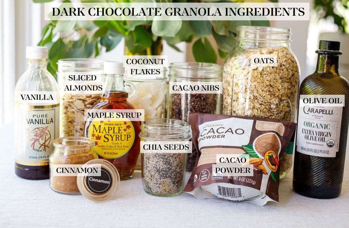 ingredients laid out for dark chocolate granola- mason jars with oats, cacao nibs, coconut flakes, flax and chia seeds, vanilla extract, cinnamon, maple syrup, cacao powder, and olive oil. 