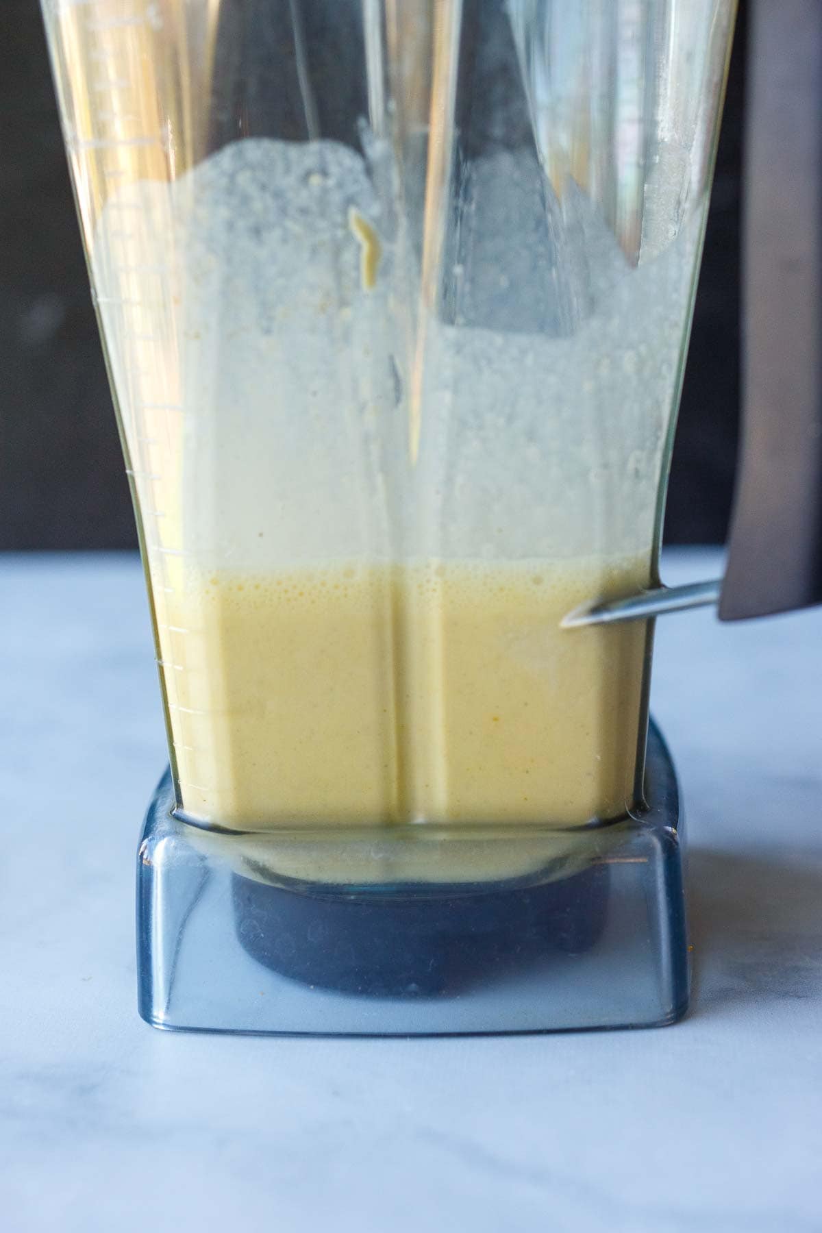 dutch baby batter blended smooth in blender.