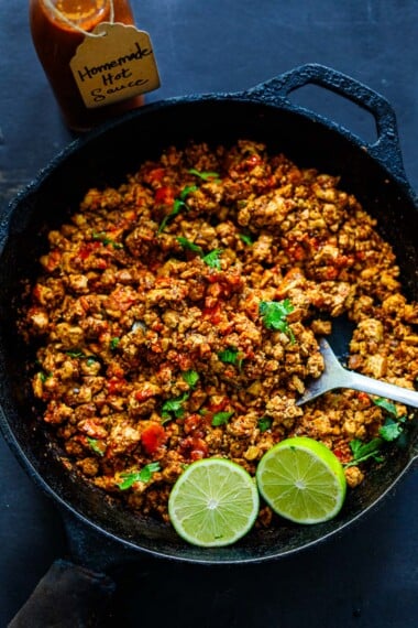 This easy sofritas recipe will make you want to skip Chipotle's! Savory, Mexican-spiced tofu crumbles are full of flavor and high in protein, and ready in 10 minutes flat!