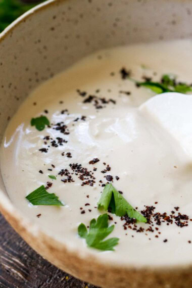 tahini yogurt sauce in a bowl for cauliflower, lamb, shawarma, falafel or vegetables.