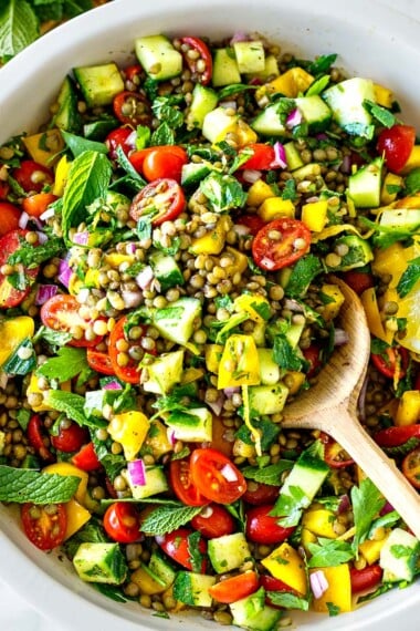 This Mediterranean-inspired lentil salad recipe is bursting with flavor! Cold and refreshing, it's made with simple ingredients in 30 mins!