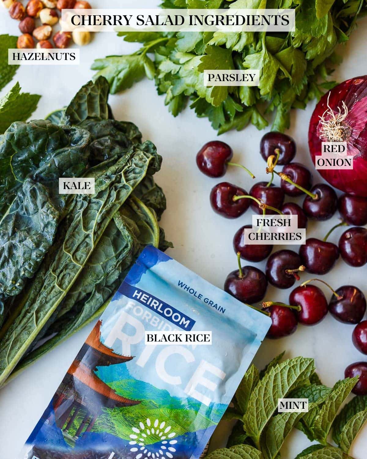 ingredients laid out for cherry salad - hazelnuts, parsley, mint, lacinato kale, red onion, cherries, black rice. 
