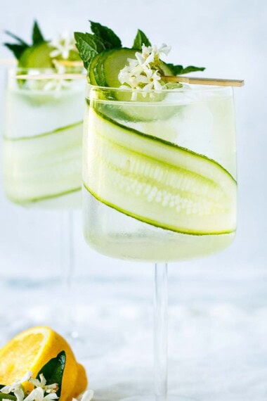 A refreshing white linen cocktail made with gin, cucumber, lemon juice, soda water and Elderflower Liqueur.