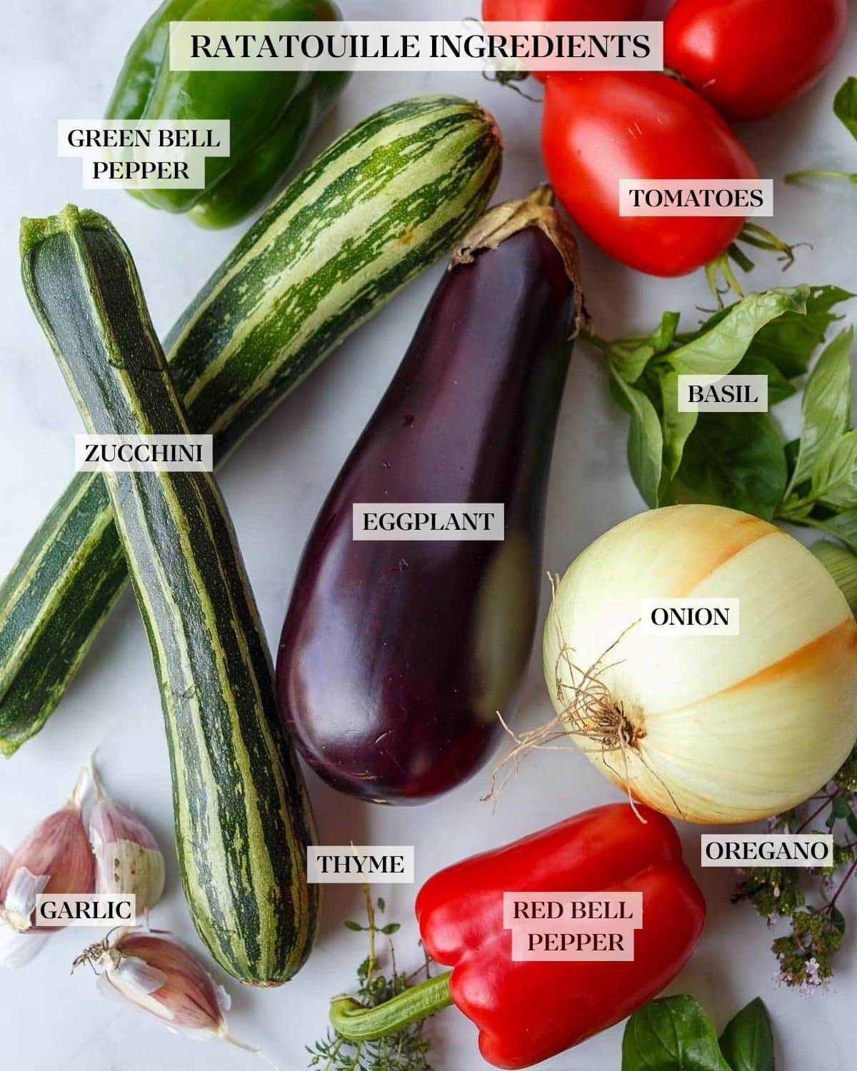 ingredients laid out for ratatouille - tomato, pepper, zucchini, eggplant, basil, onion, garlic, thyme.