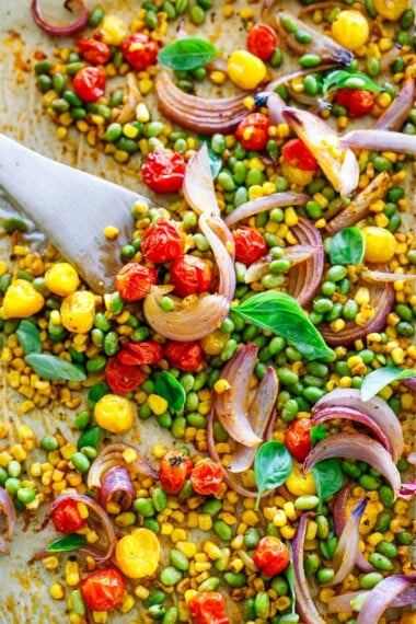 oven baked succotash on a sheet pan