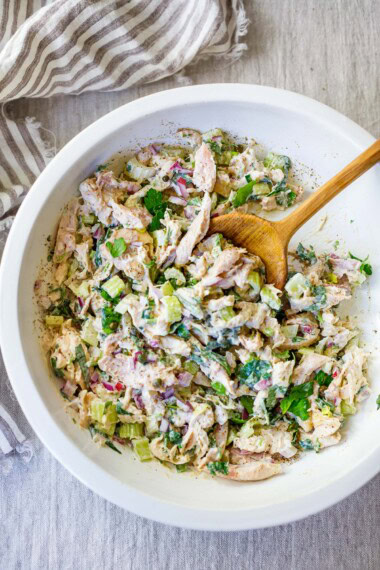 chicken salad in a white bowl